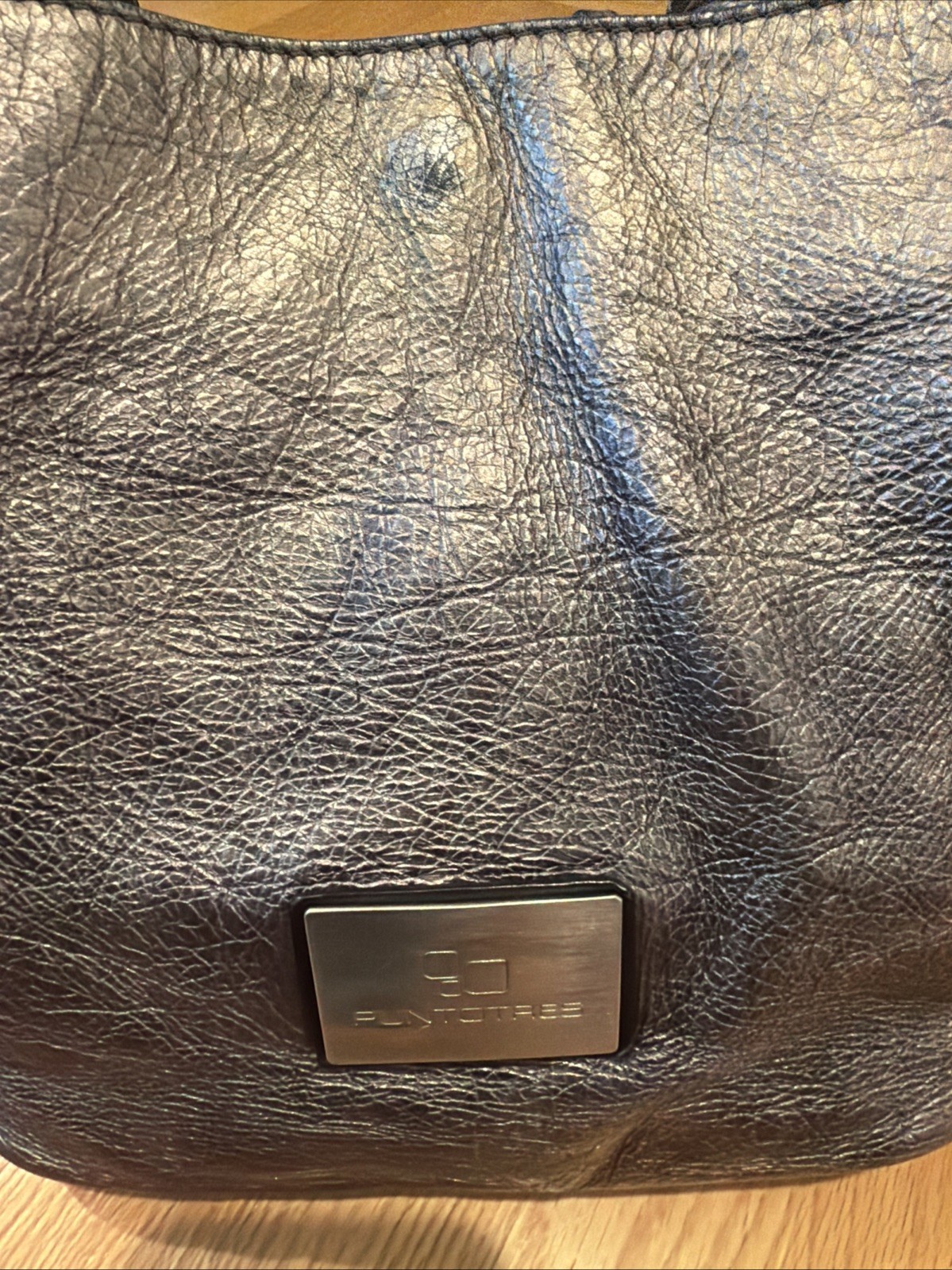 Puntotres Spain Metallic Grey Genuine Leather Bucket Purse w/ Black strap