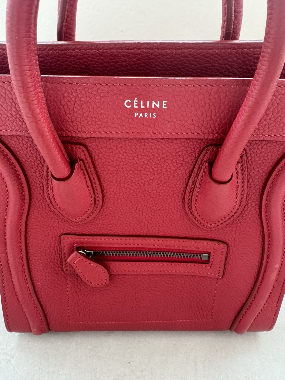 Authenic Céline Mini Luggage Tote Bright Red Grained Calfskin