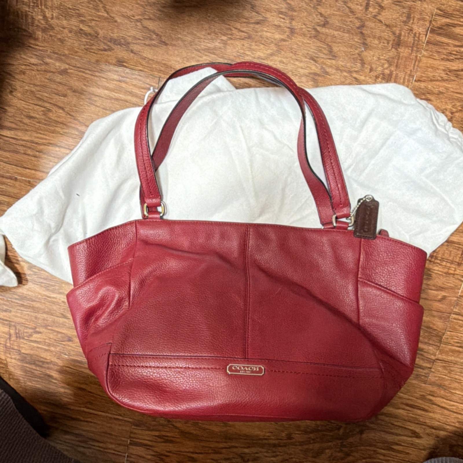 Coach Red Pebbled Leather Tote Bag with Zipper & Logo Plaque Accents