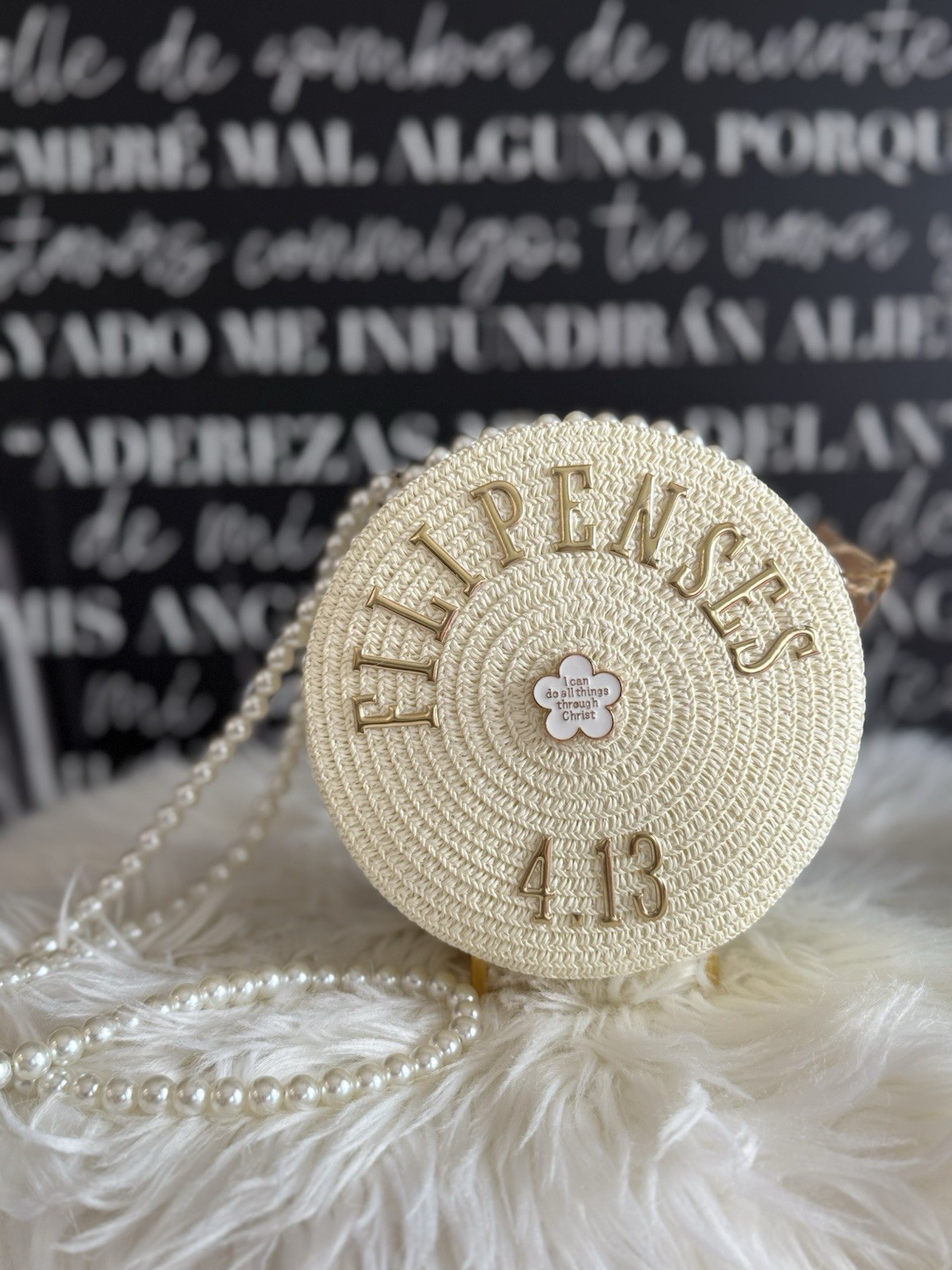 Beige Round Small Crossbody Bag Faux Pearl Strap Zip Gold, Philippians 4:13