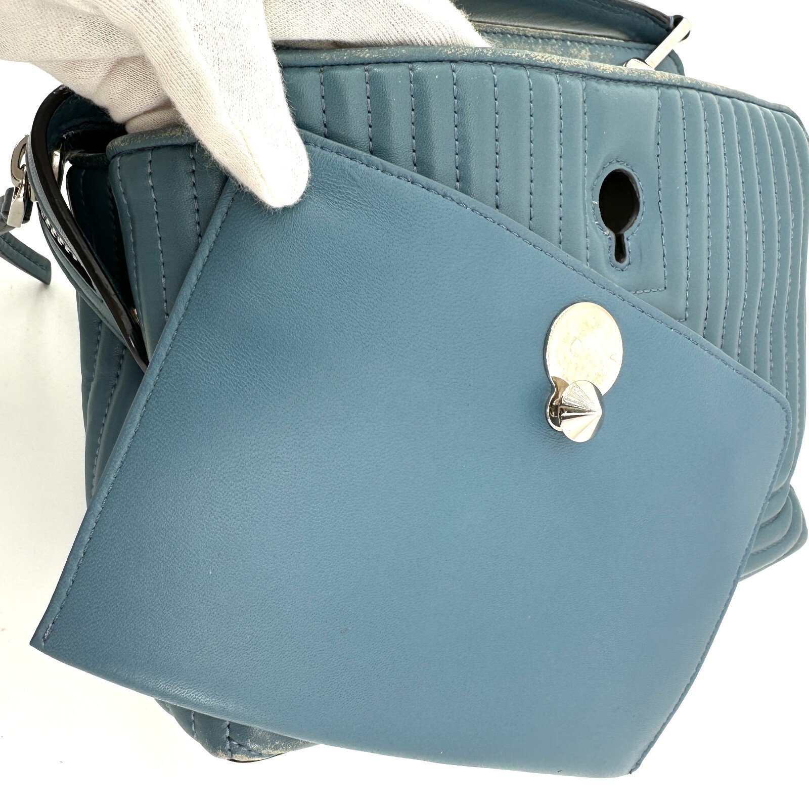 FENDI Dotcom Mini Women’s Handbag Blue Quilted Leather Top Handle Bag