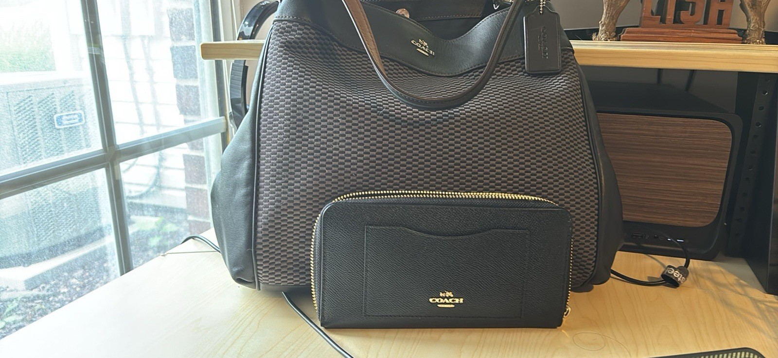 Coach Black/Gray Check Zip Shoulder Bag, Logo, Silver Hardware, Detachable Strap