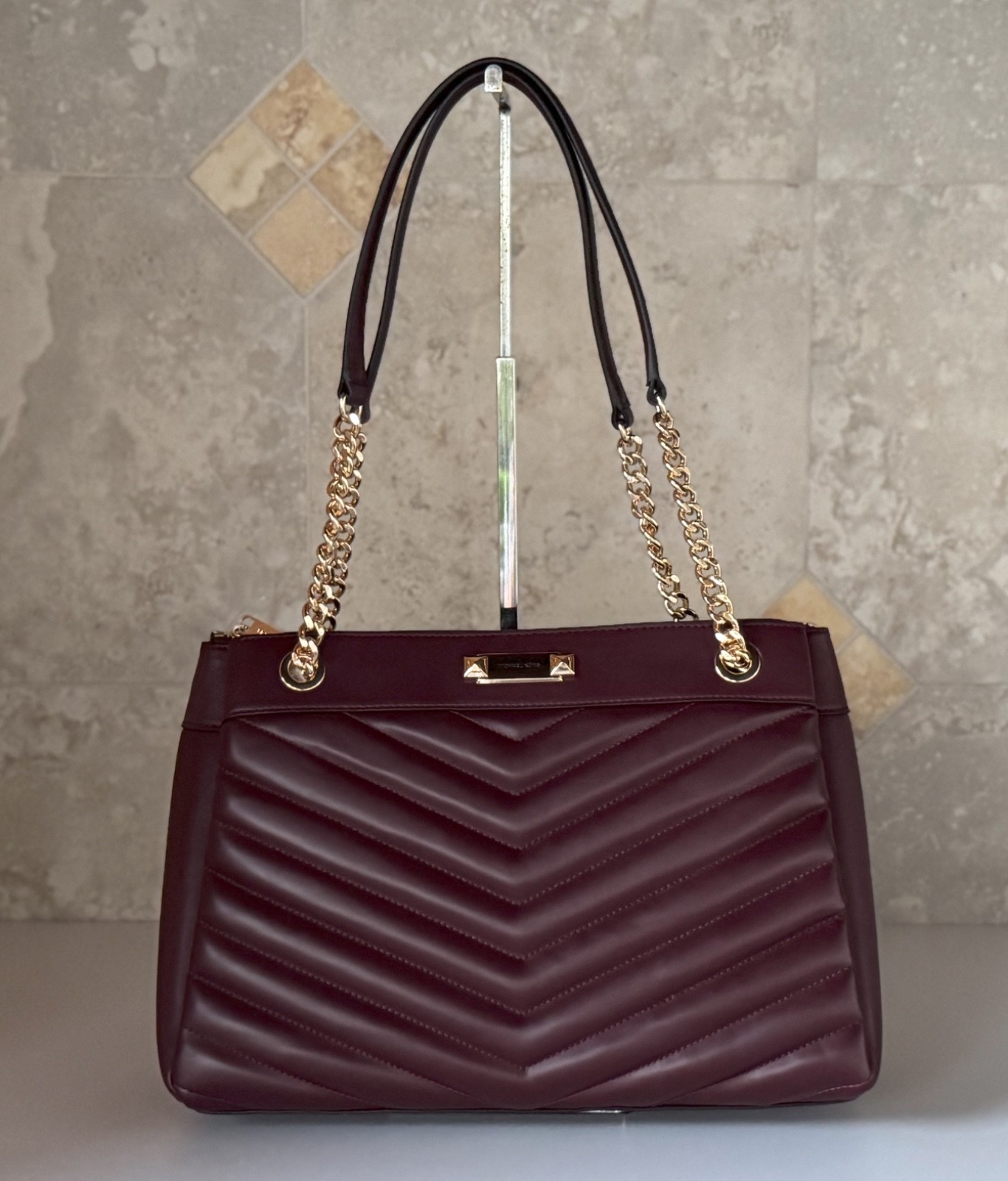 Michael Kors Whitney Medium Chain Shoulder Tote Bag Quilted Stripe Oxblood