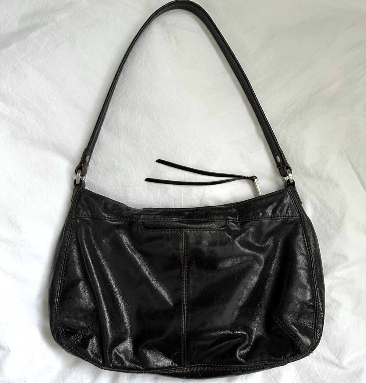 VTG Y2K Leather Hobo Zip Top Shoulder Bag Purse Dark Gray Black Brown Stitching