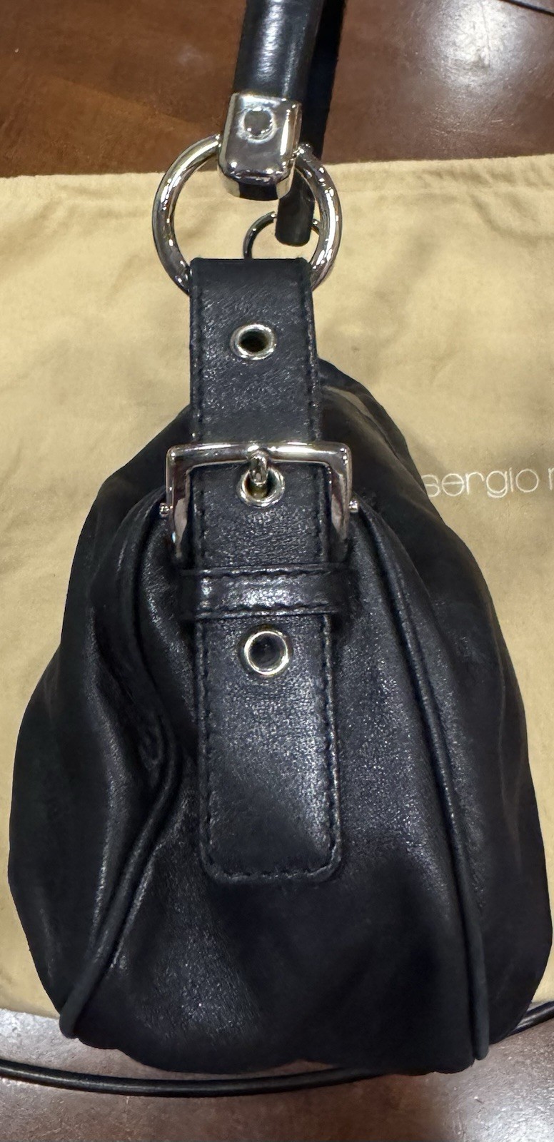 Sergio Rossi Black Leather Shoulder Bag Silver Hardware Italy Dust Bag Included