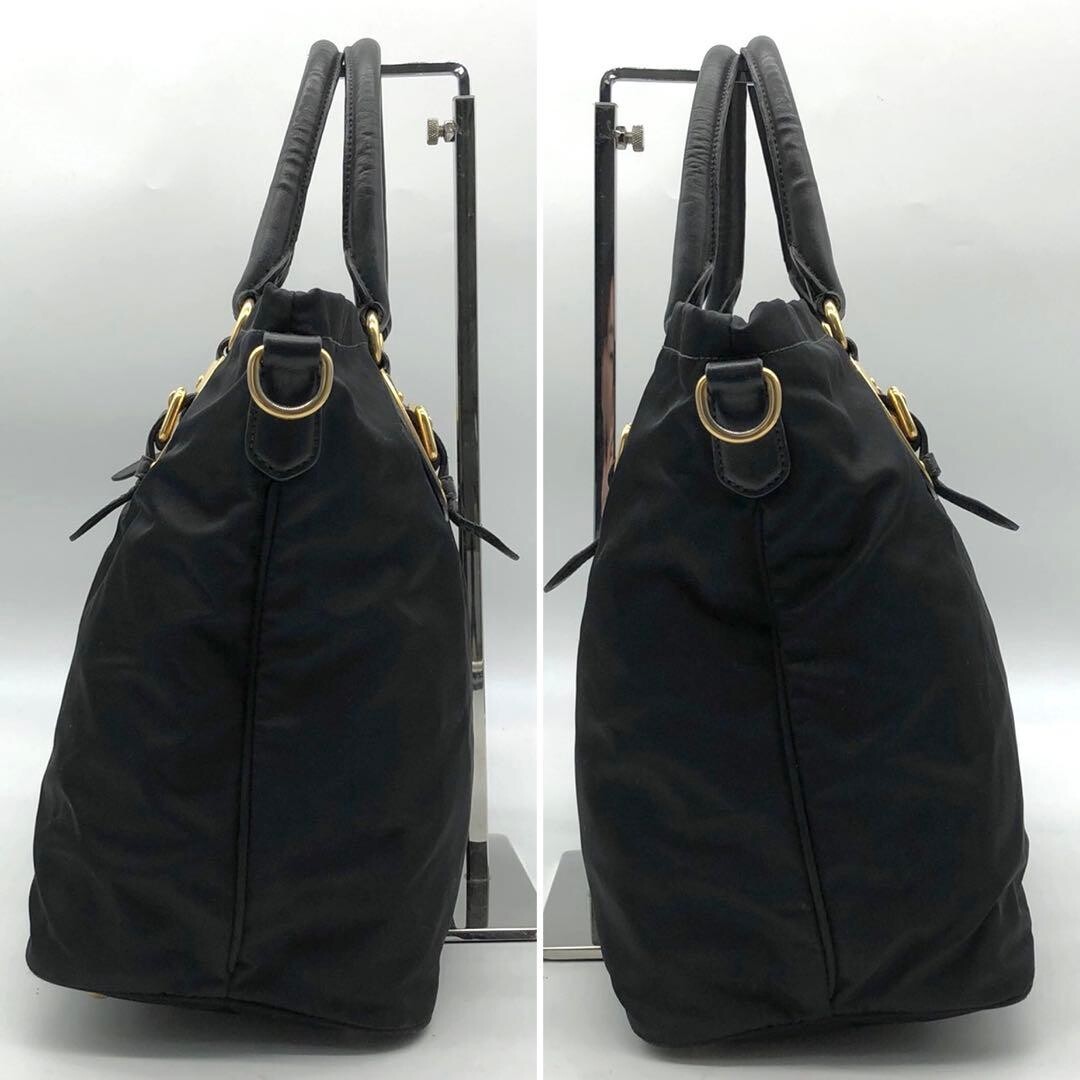 PRADA 2way Nylon Leather Handbag Metal Logo Gold Hardware A4 Black Authentic