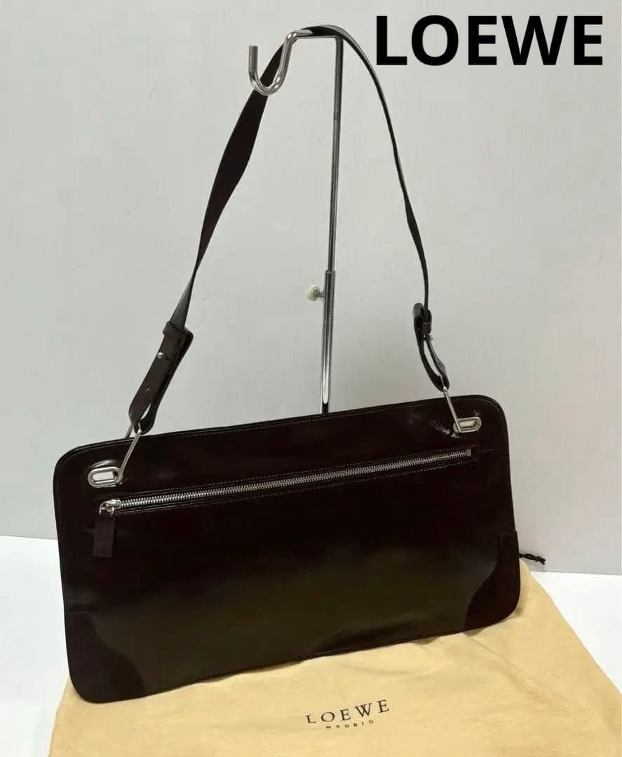LOEWE Burgundy Leather Suede Shoulder Bag Sacoche 42cm x 22.5cm with Dust Bag