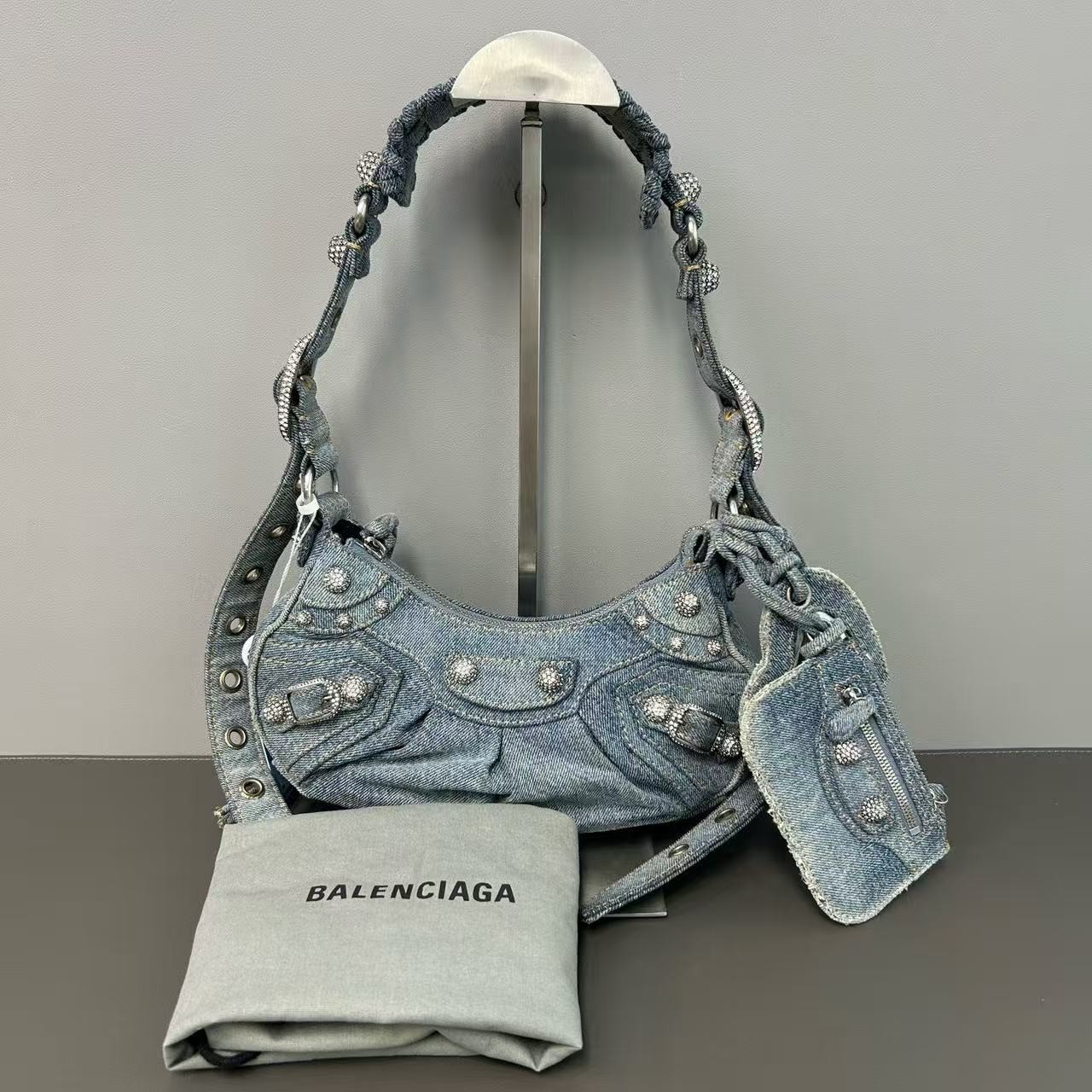 Balenciaga Le Cagole XS Washed Denim Crystal Embellished Shoulder Crossbody Bag