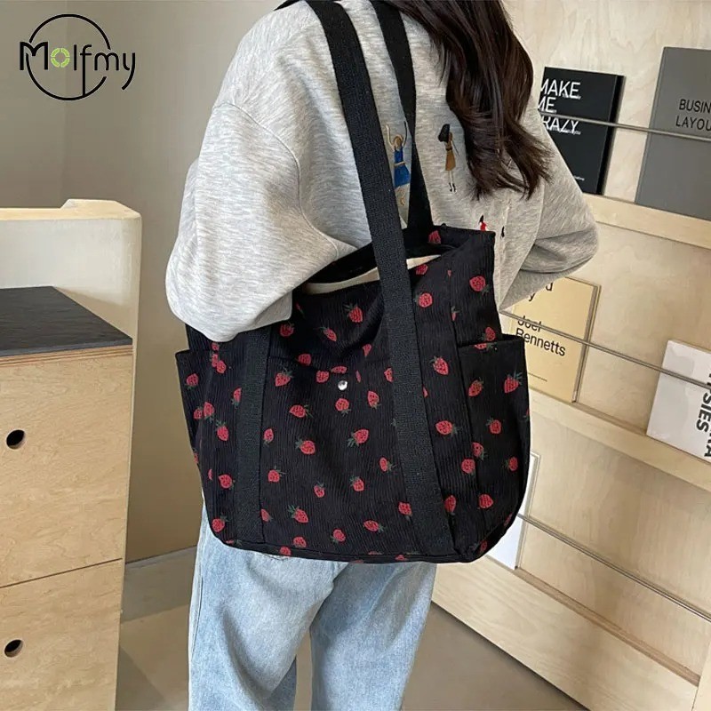 Women’s Corduroy Shoulder Tote Bag – Sweet Strawberry Style, Casual & Cute