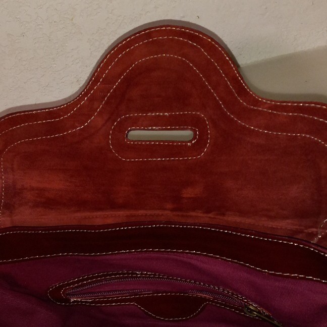 Sofia Burgundy Patent Satchel Top Handle Bag Zip Closure Gold Hardware Large