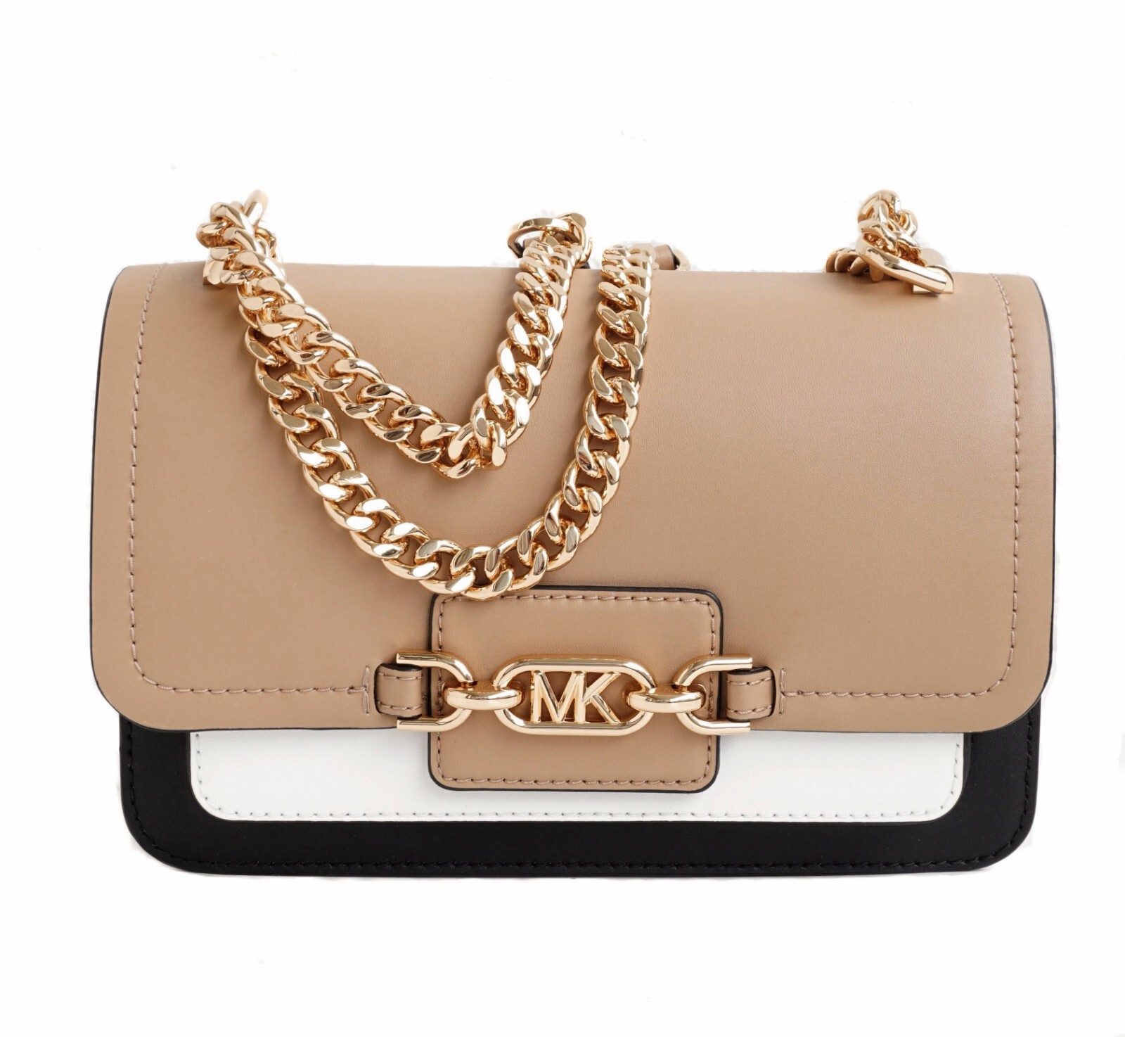 Michael Kors Bag Handbag Heather Large Gusset Shoulder Bag Black Camel New