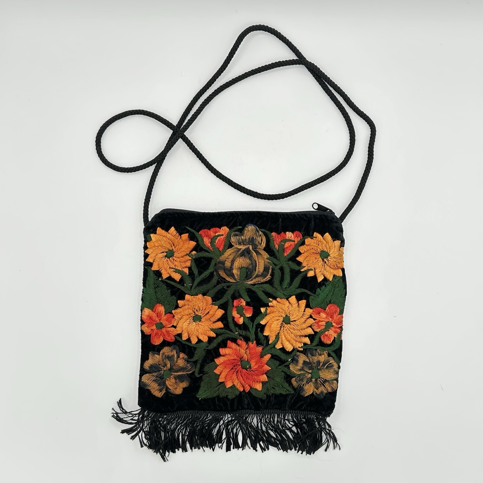 Black Embroidered Velvet Orange & Red Floral Crossbody Purse Guatemalan 7 X 7.25