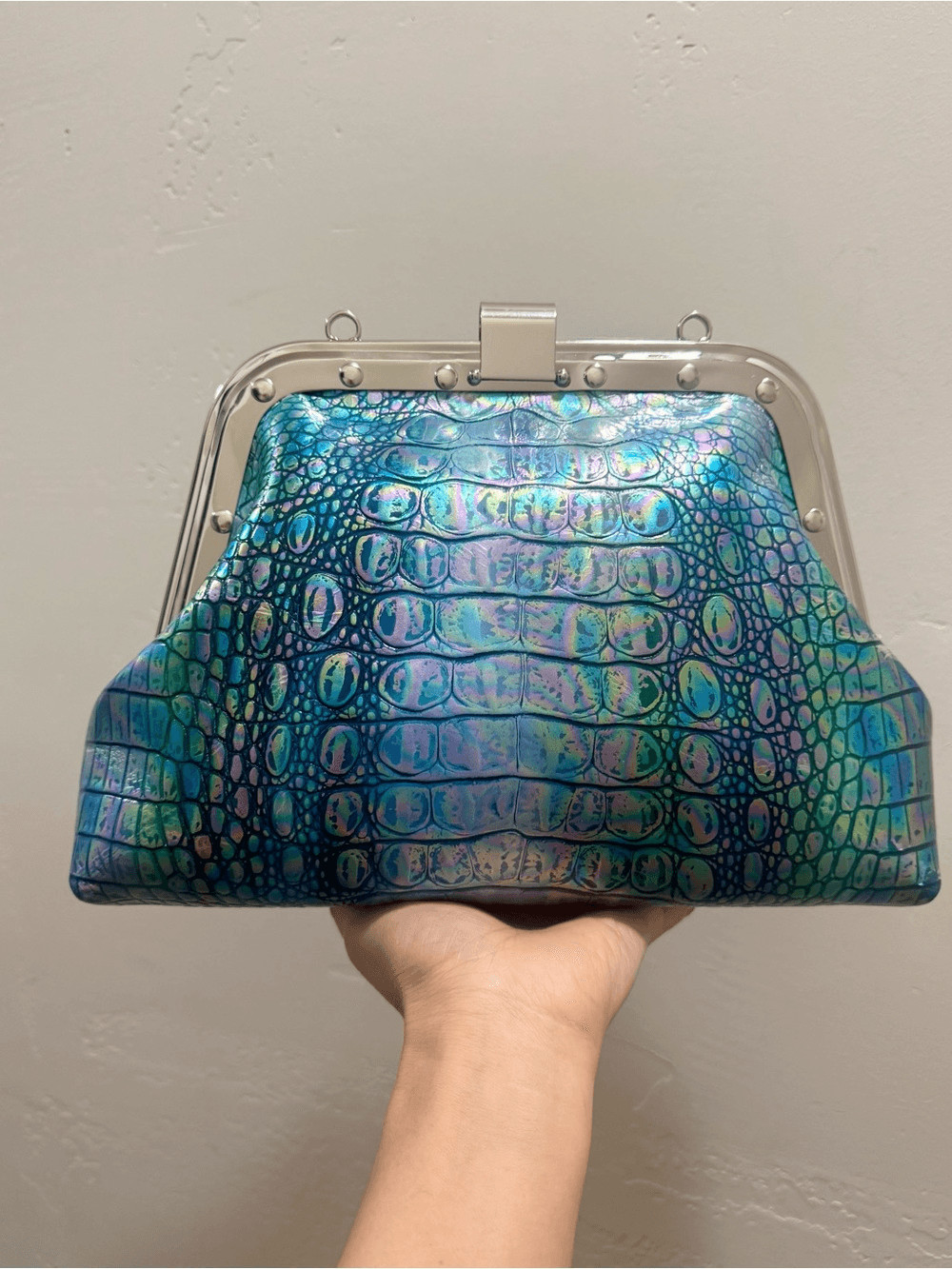 Iridescent Croc-Embossed Cowhide Handmade Unique Rivet Frame Bag, Large Size