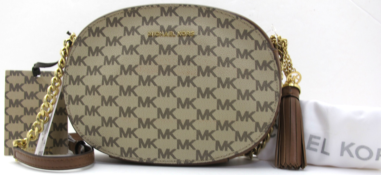 NEW MICHAEL KORS GINNY MD Messenger MK Monogram Crossbody Natural/Luggage Gold