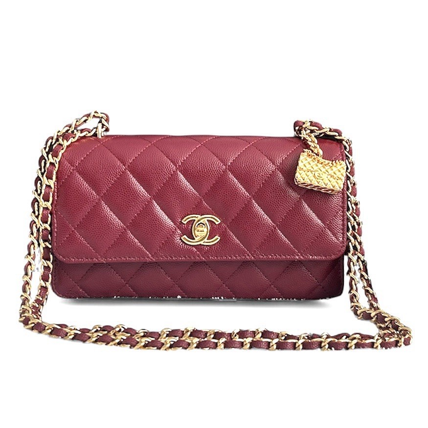 Rare Chanel Burgundy Classic Flap Charm Wallet On Chain Shoulder Bag Caviar New!