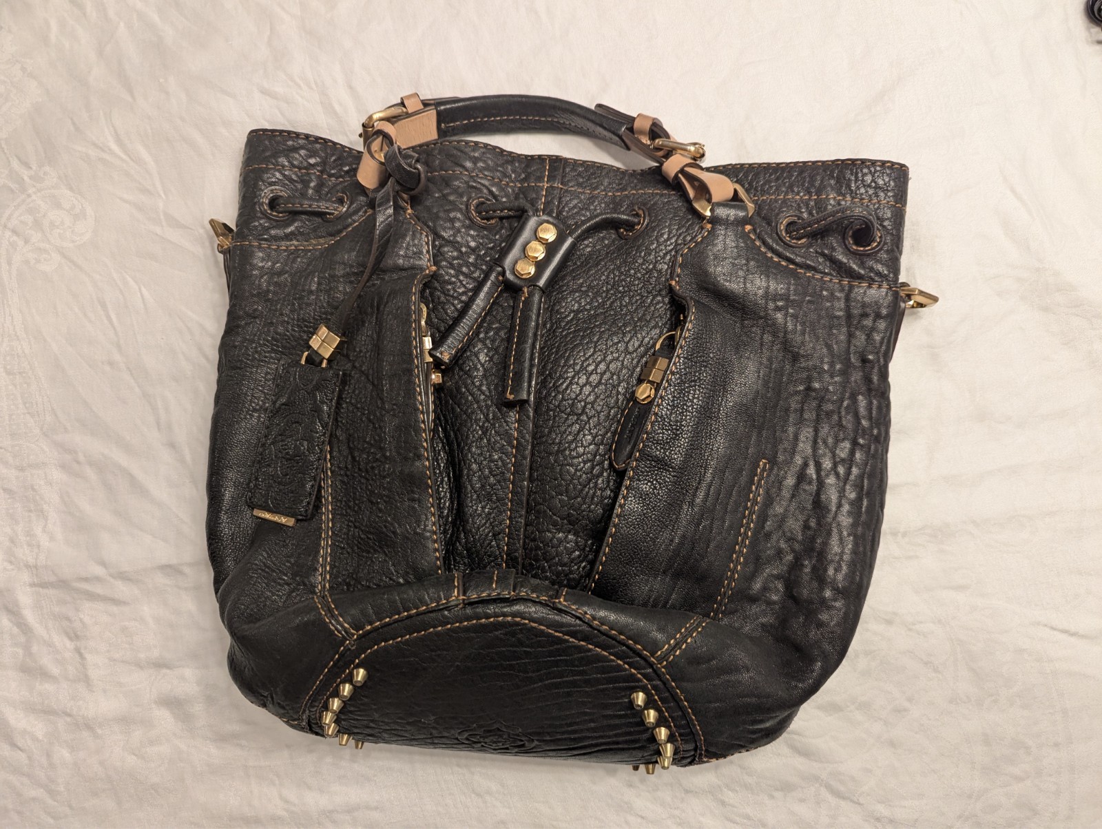 DR YANY Designer Purse Double Strap Gold Studded Black Patent Leather