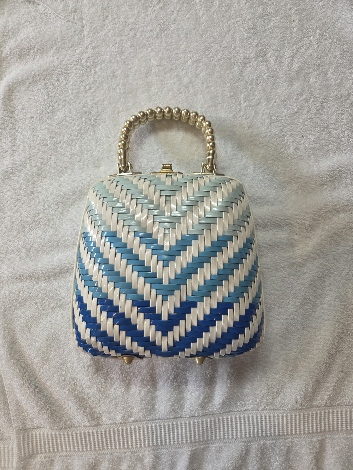Vintage 1960s Walborg Blue & White Woven Wicker Bag | Gold Hardware