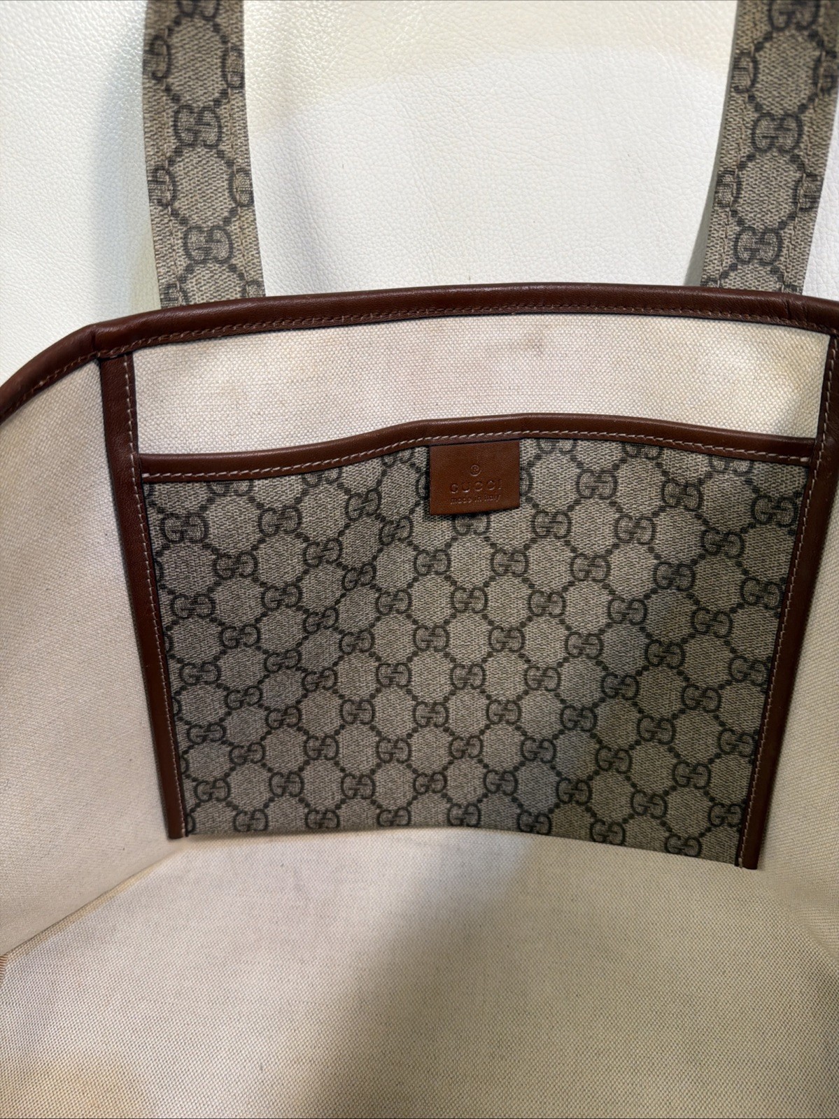 Gucci GG Pattern Tote Bag for Women with Brown Leather Handles Logo Print