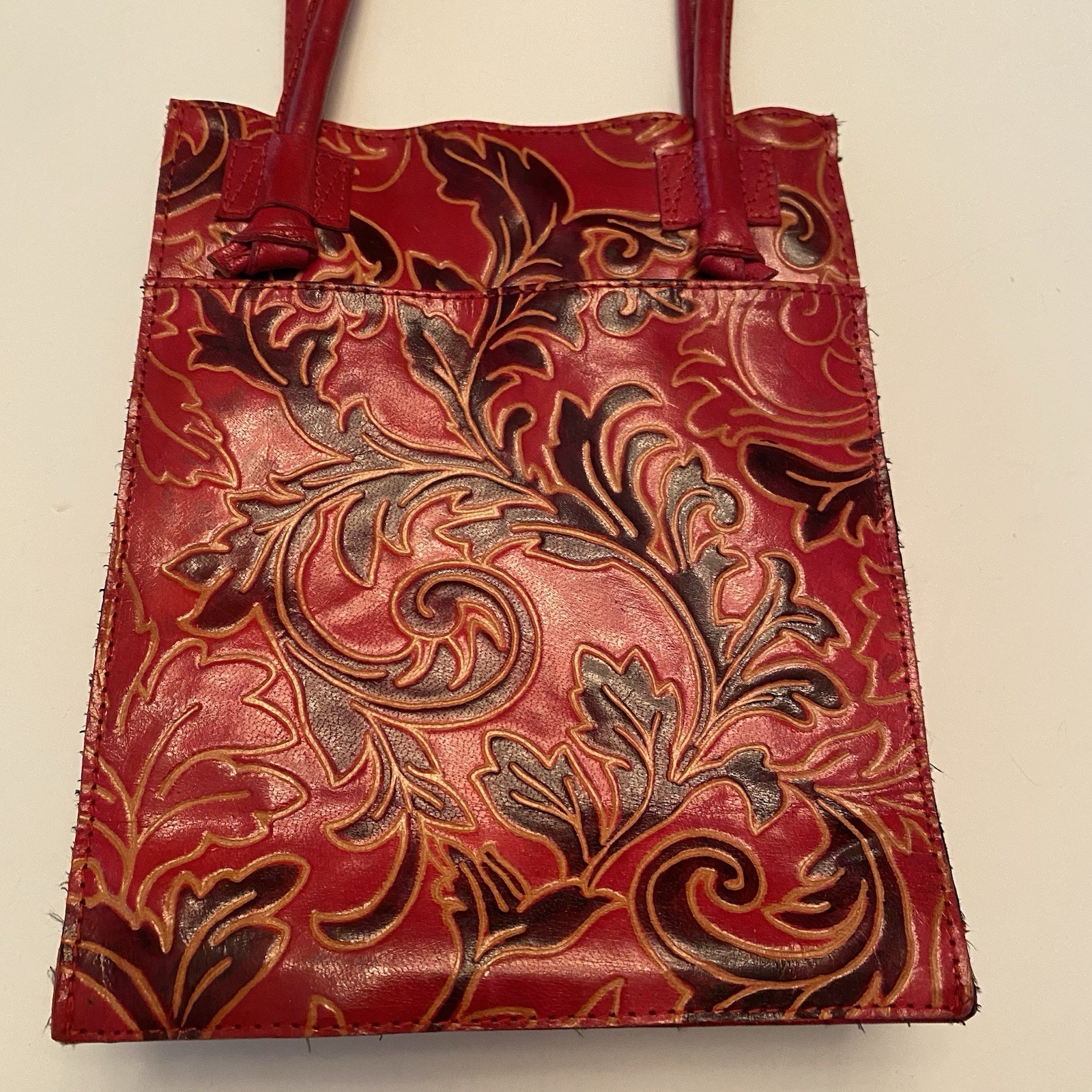 Unique Red/Brown/Tan Tooled Faux Leather Handbag Purse