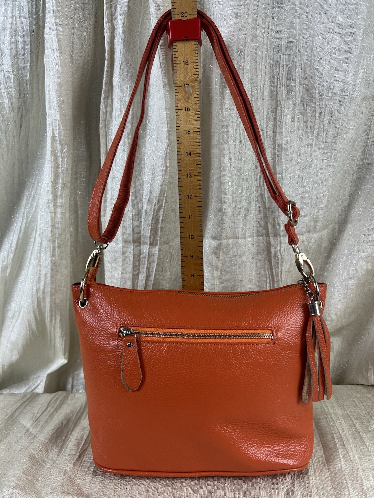 Genuine Pebbled Leather Orange Shoulder Bag Tassel Zip Pocket Soft Leather Purse