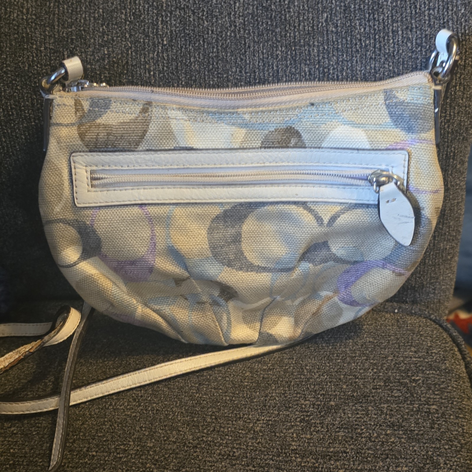 Coach Signature Crescent Small Shoulder Bag Zip Closure Beige Gray Purple