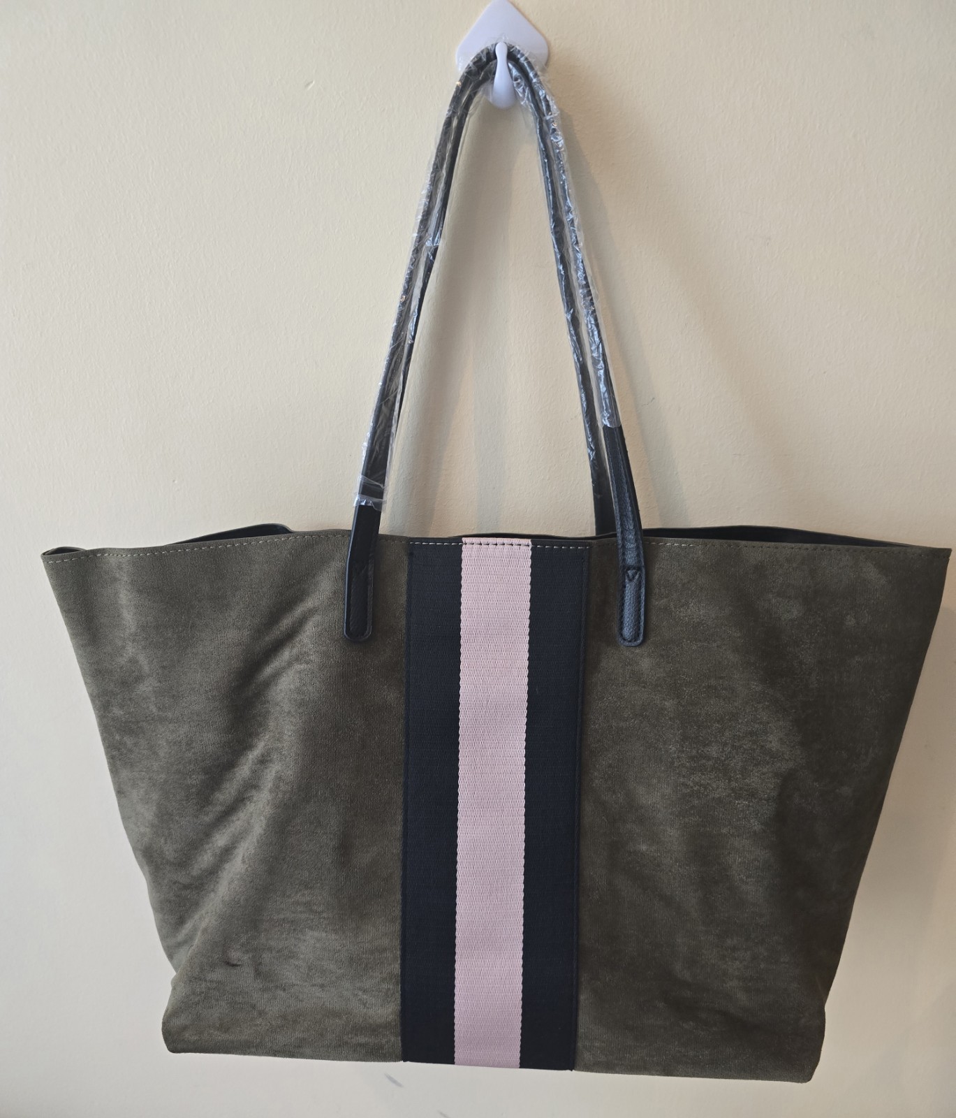 Neiman Marcus Olive Tote Bag Pink & Black Stripe