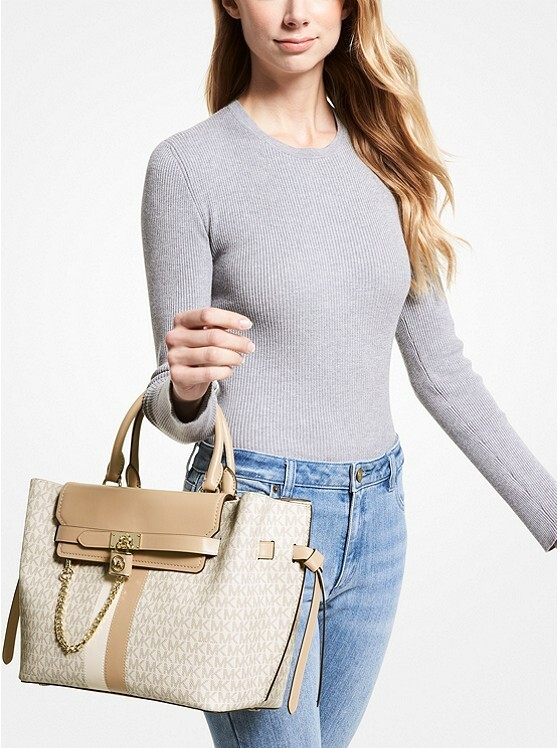🌞MICHAEL KORS HAMILTON LEGACY VANILLA LOGO BELTED CHAIN LARGE SATCHEL BAG🌺NWT!