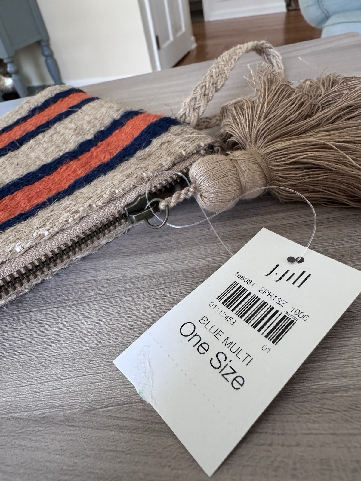New J. Jill Jute Pouch Bag Case One Size Brown Blue Orange Stripe Tassel $39 NWT