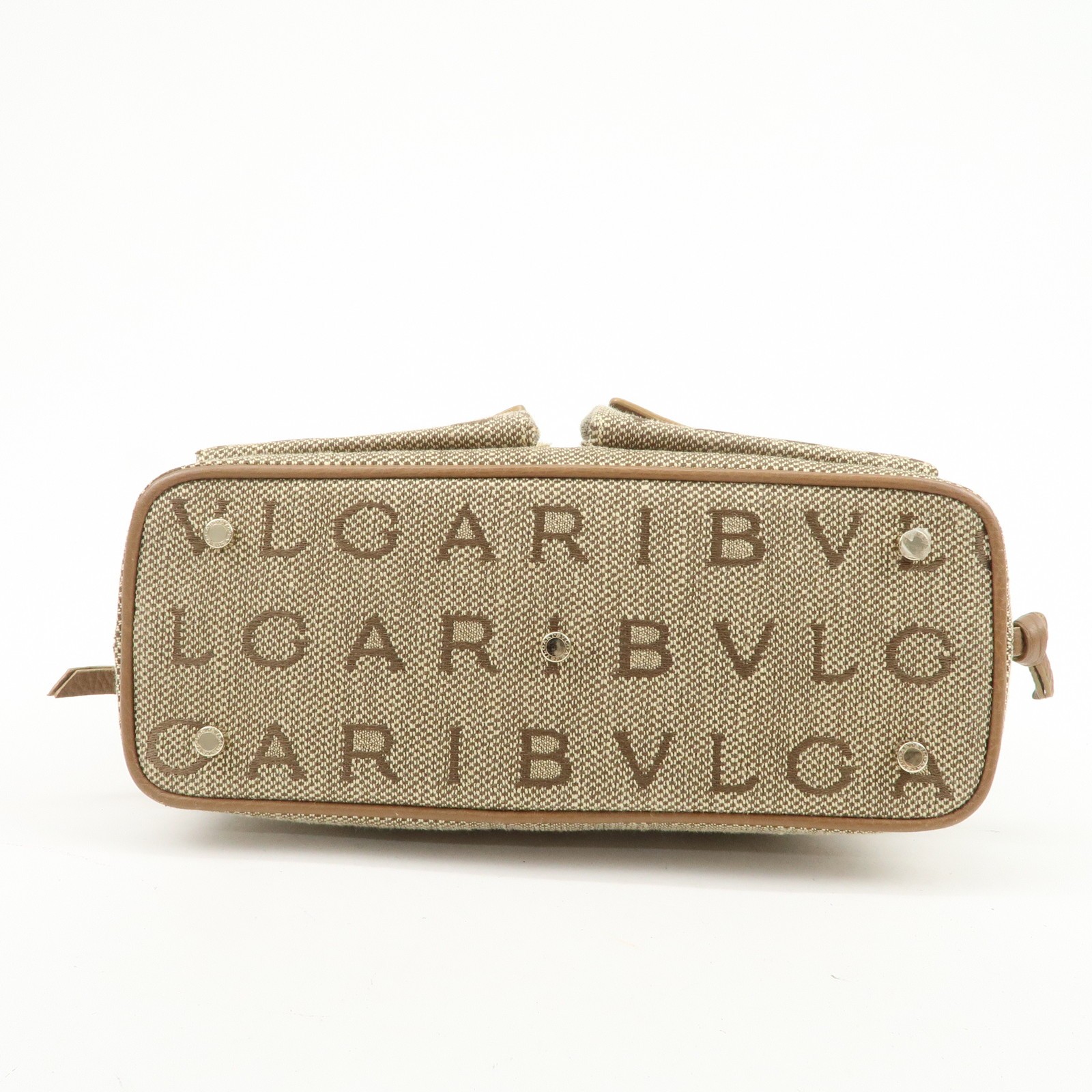 BVLGARI Logo Mania Canvas Leather Hand Bag Light Brown Authentic Used F/S