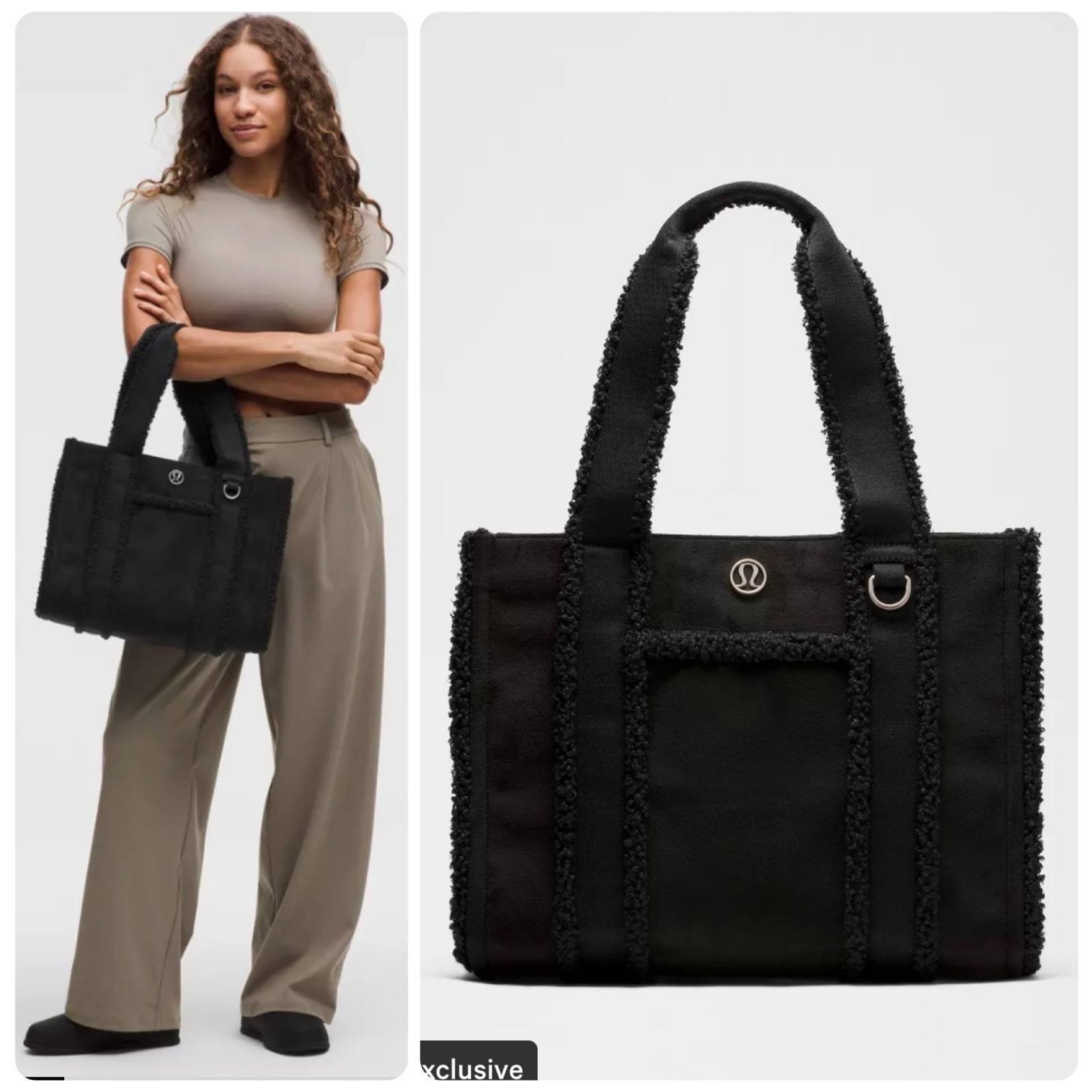 Lululemon NWT $170 *SOLD OUT* Boxy Tote Bag 10L Faux Shearling Trims Black