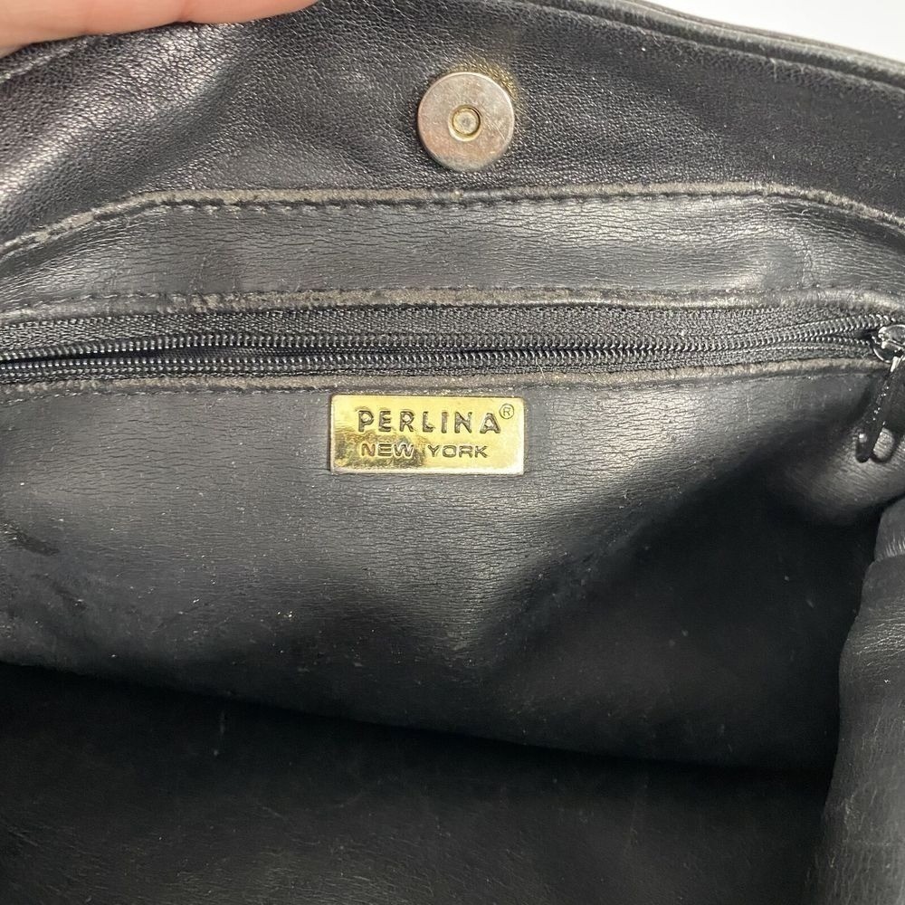 Perlina Womens Leather Crossbody Bag Purse Black Gold Hardware Luxury Classic