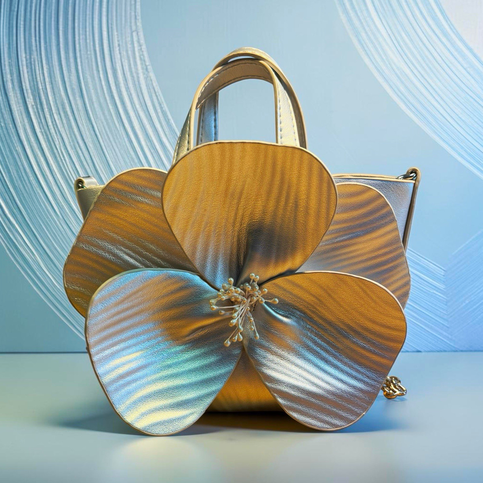 Melie Bianco Silver Metallic Flower Top Handle Bag Chain Strap Drawstring Small