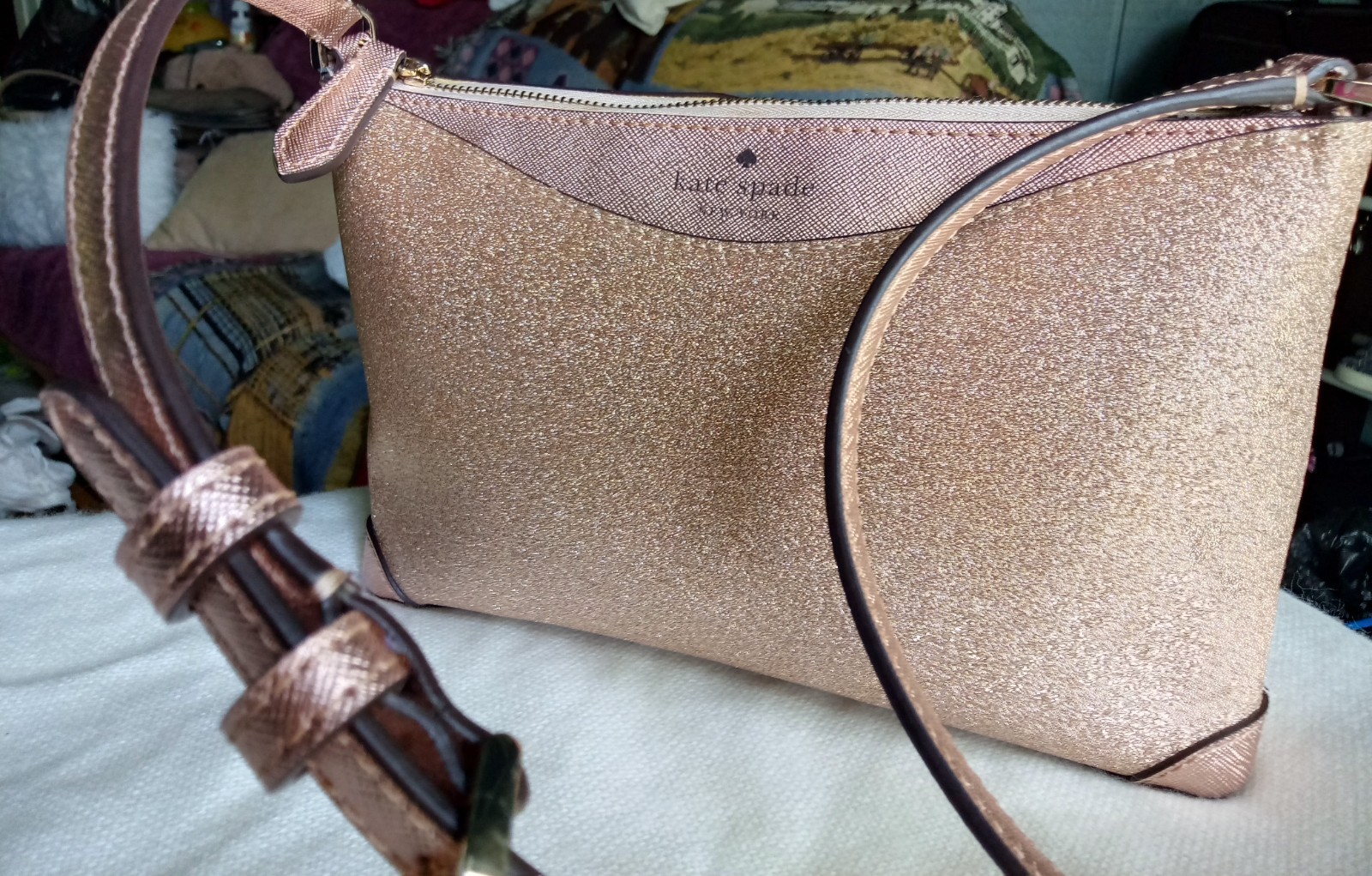 Kate Spade Shimmy Glitter Crossbody bag in rose gold, NWT