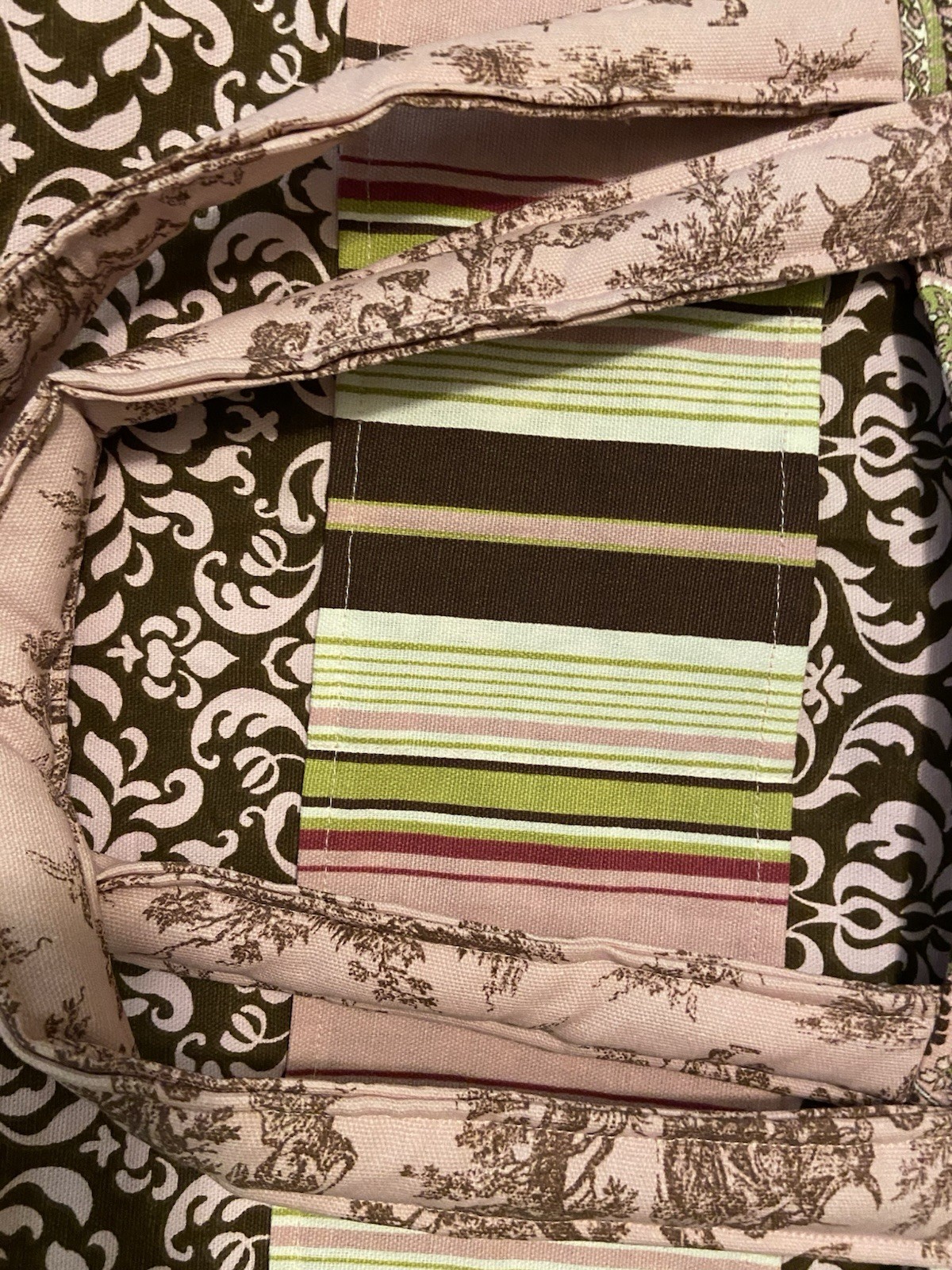 Toile Purse/bag/17”x15”/reversible/paisley pink ,green, brown/pockets/handmade