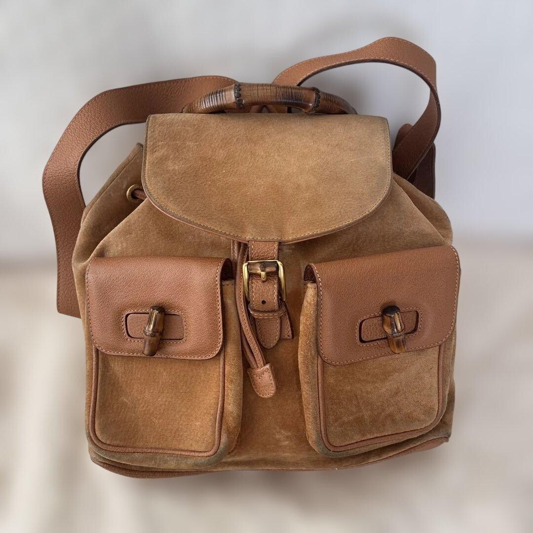 GUCCI Bamboo Suede Backpack Camel Gold Turn Lock Vintage Women Italy From Japan