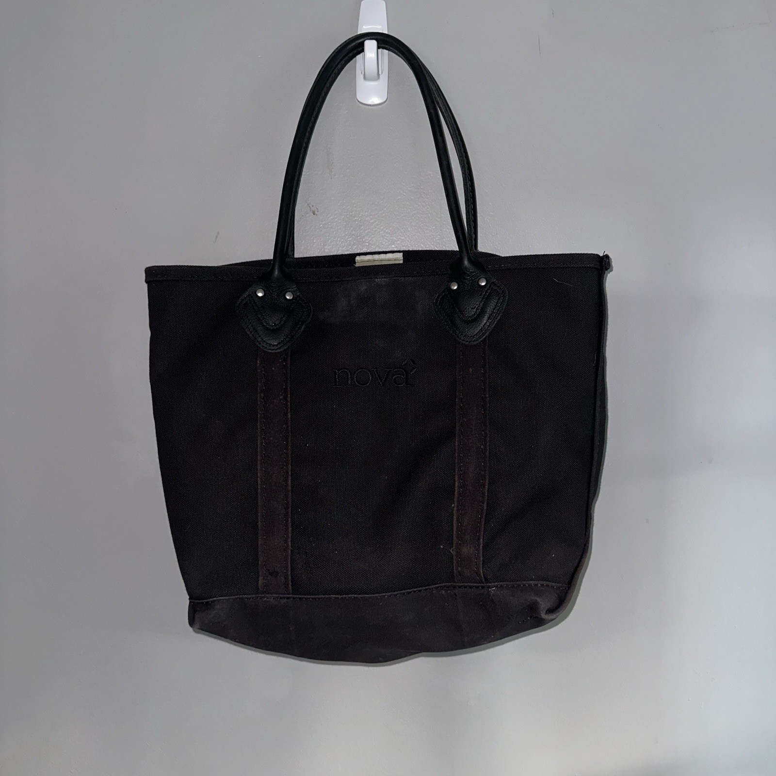 L.L.BEAN Vintage Boat and Tote Black Cotton Canvas Leather Trim Shoulder Bag USA