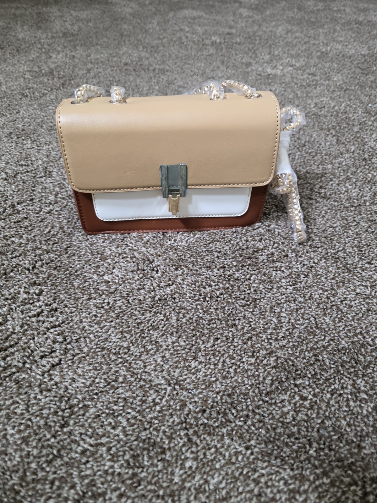 Colorblock Shoulder Bag Beige Brown White Chain Strap Clasp Women Rectangle