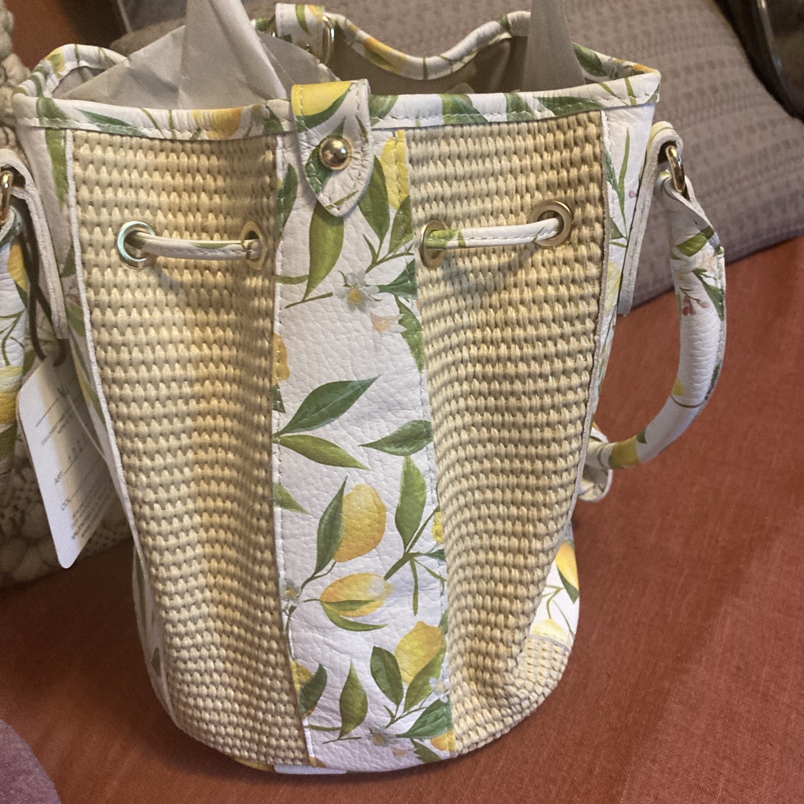 Valentina Genuine Leather Weave Bucket Lemon Print Handbag Made in Italy NWT B59