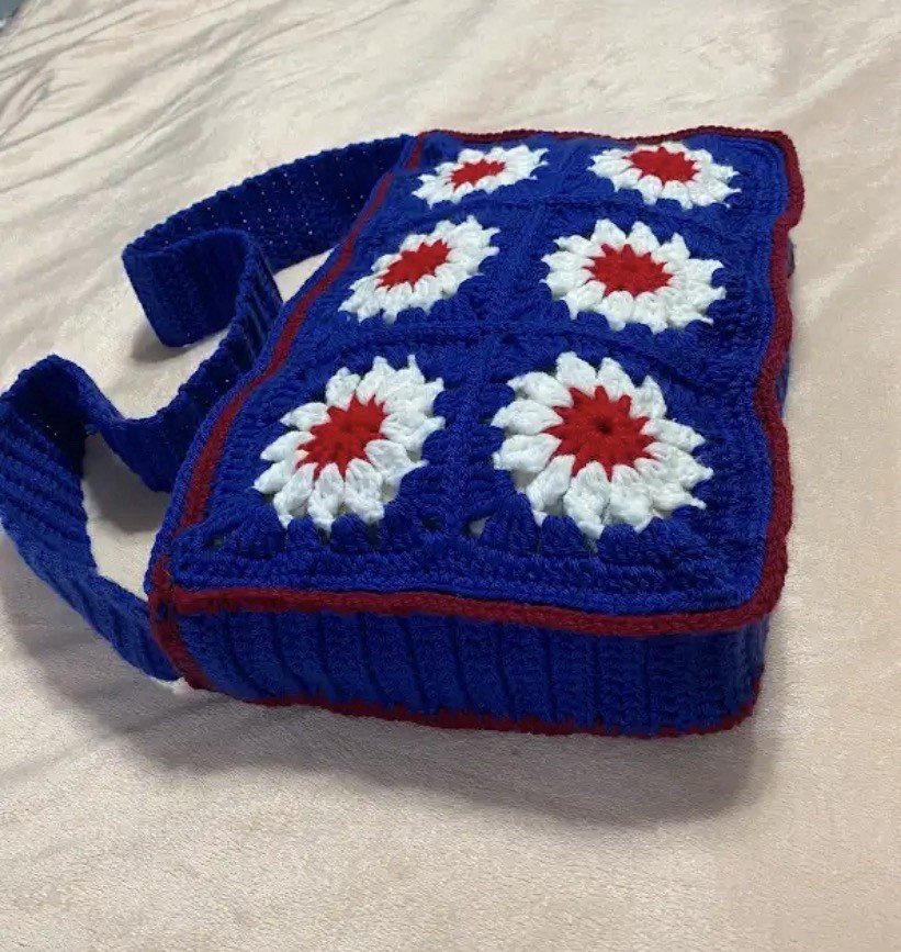 Handmade Women’s Crochet Floral Granny Square Shoulder Bag Blue/White/Red