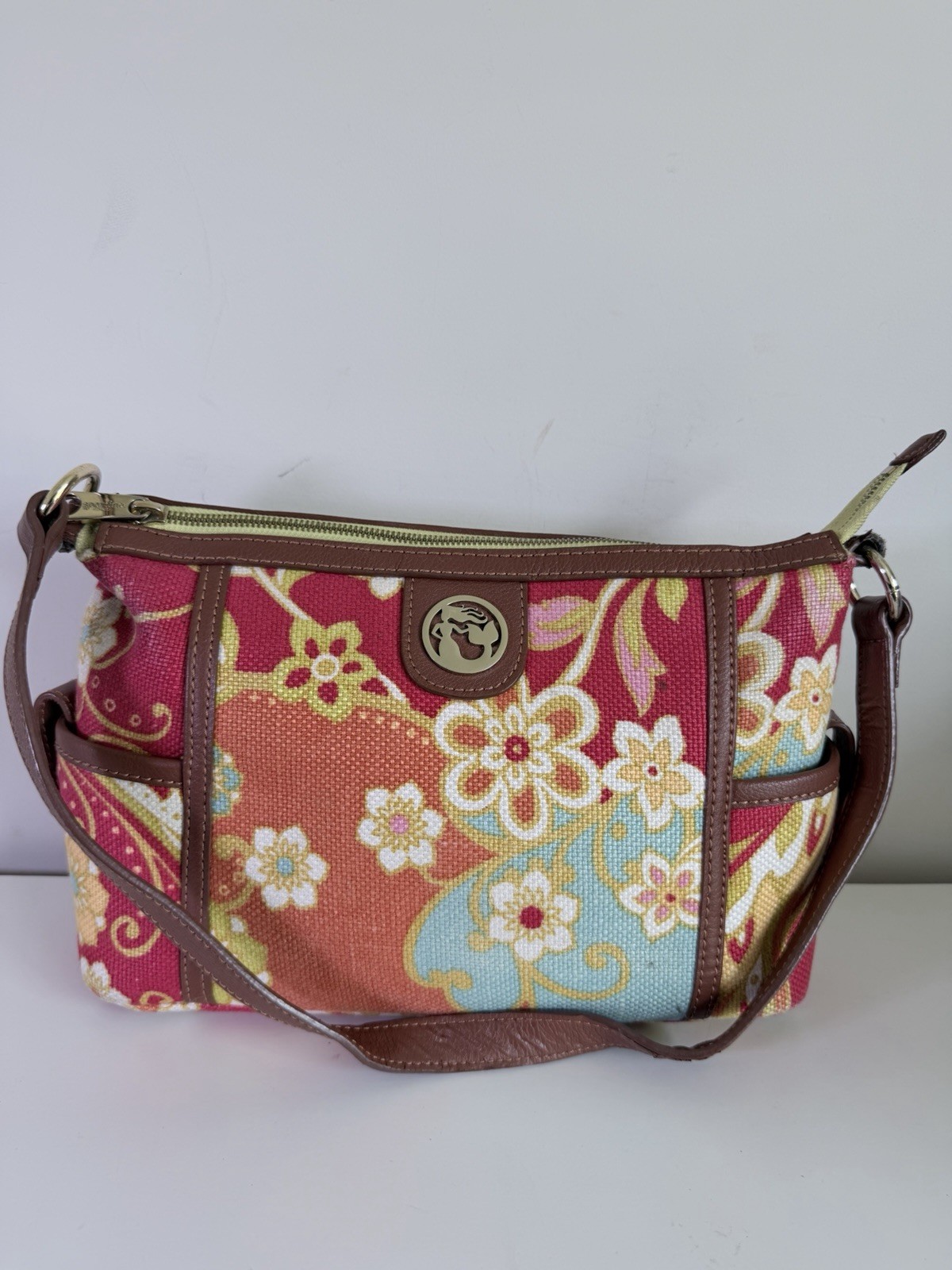 Spartina 449 Daufuskie Island Linen Leather Floral Handbag Blue Red Women’s