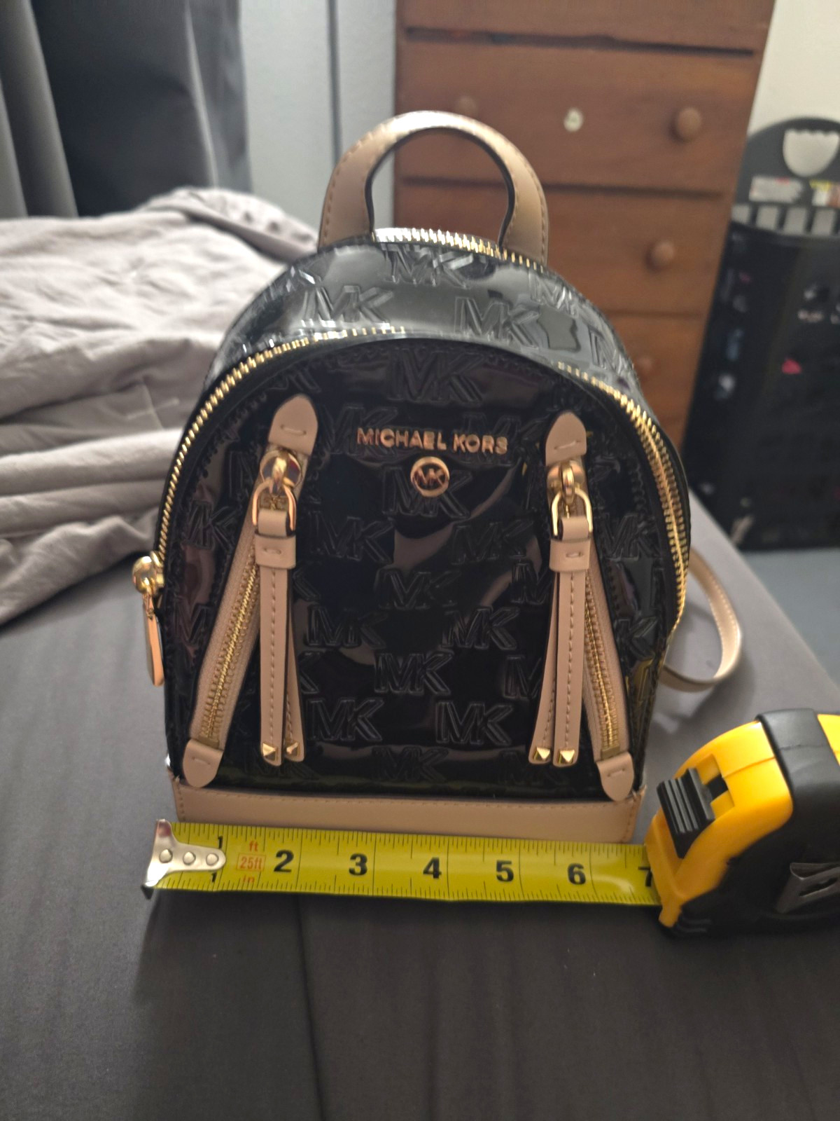 Michael Kors Small Mini Backpack Purse Logo Print Black Beige Straps Gold HW