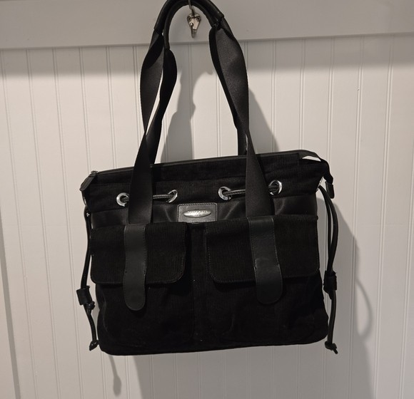 Samsonite Black Corduroy Zipper and Drawstring Tote with Matching Pouch