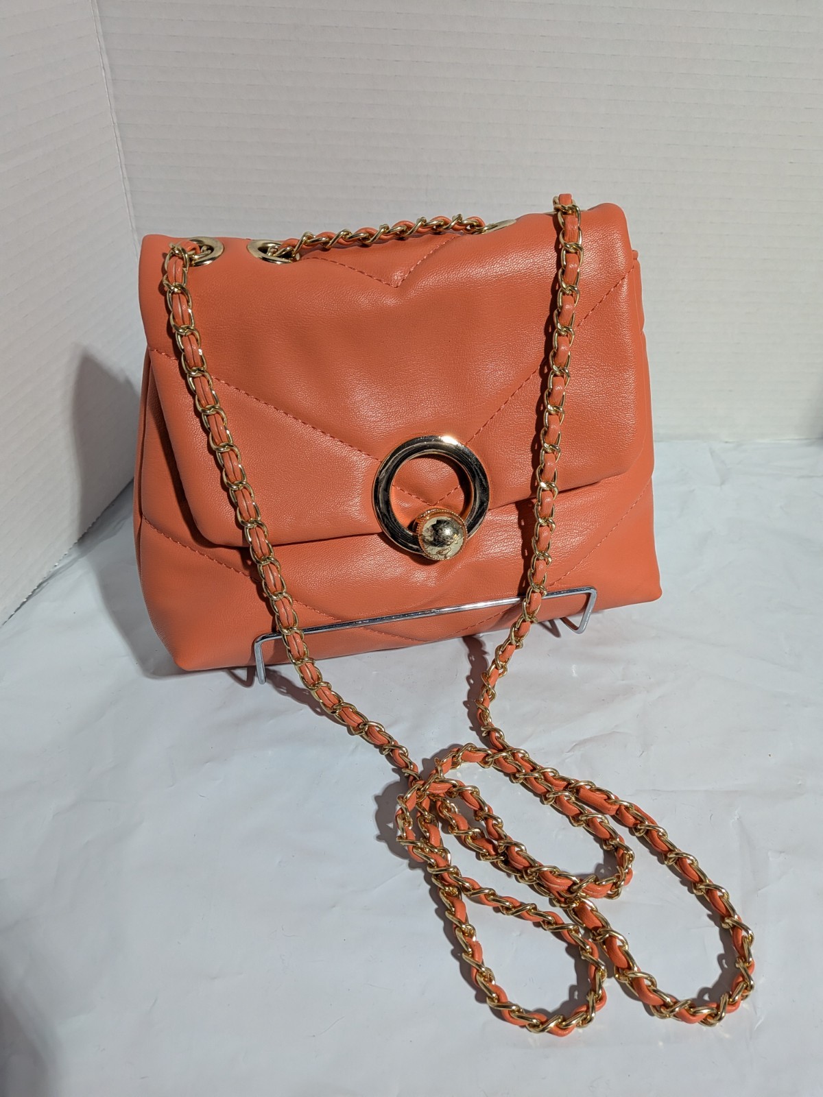 Orange Shoulder Bag Chain Strap Ring Accent Gold Hardware