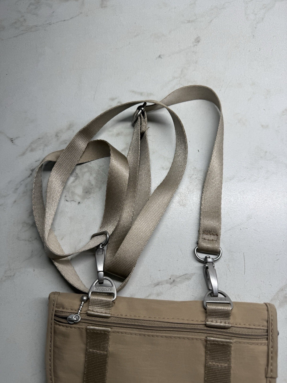 Baggallini Womens Teenee Bag Water Resistant Shoulder PURSE Tan Purple CROSSBODY