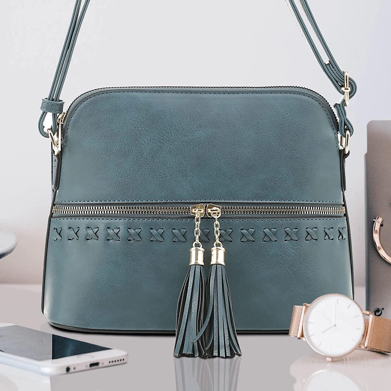 Medium Crossbody Bag, Shoulder Bag with Tassel – Blue