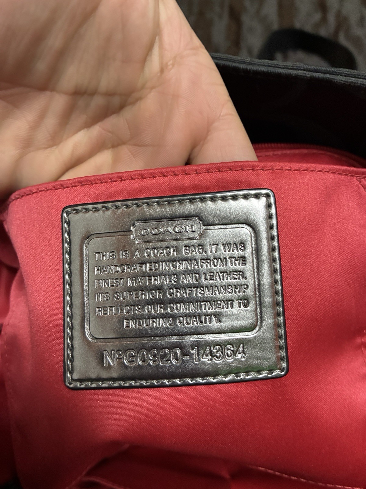 Coach Black Logo Print Shoulder Bag Leather Trim Red Lining Zipper Logo Plaque
