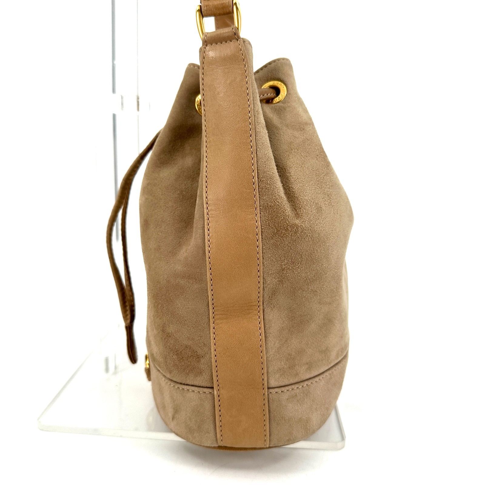 GUCCI Horsebit Suede Drawstring bag Beige Suede Authentic