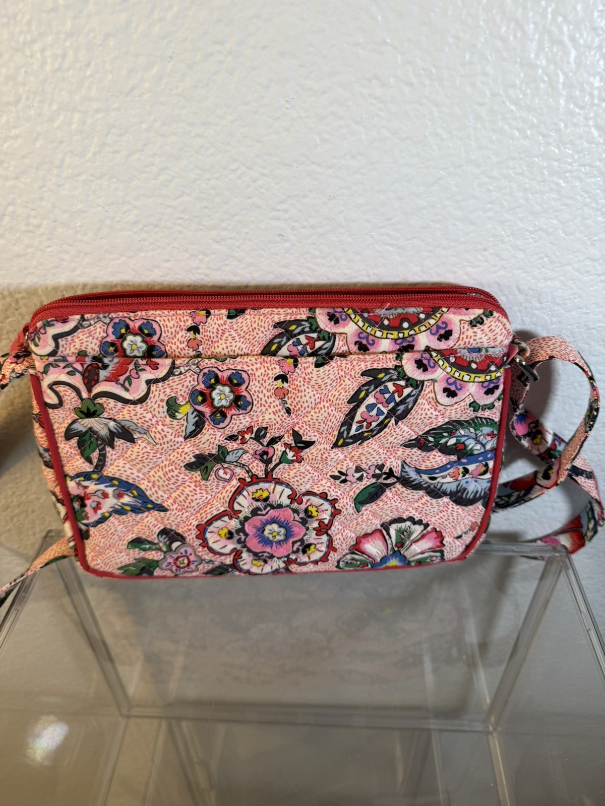 Vera Bradley Iconic Little Hipster Stiched Flowers Crossbody Pink Shoulder Bag