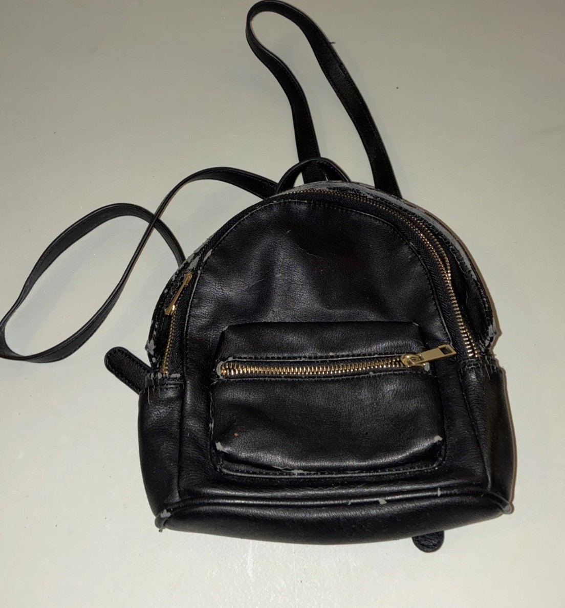 Mini Black Faux Leather Polyester Backpack 7.9×8.7×4.5