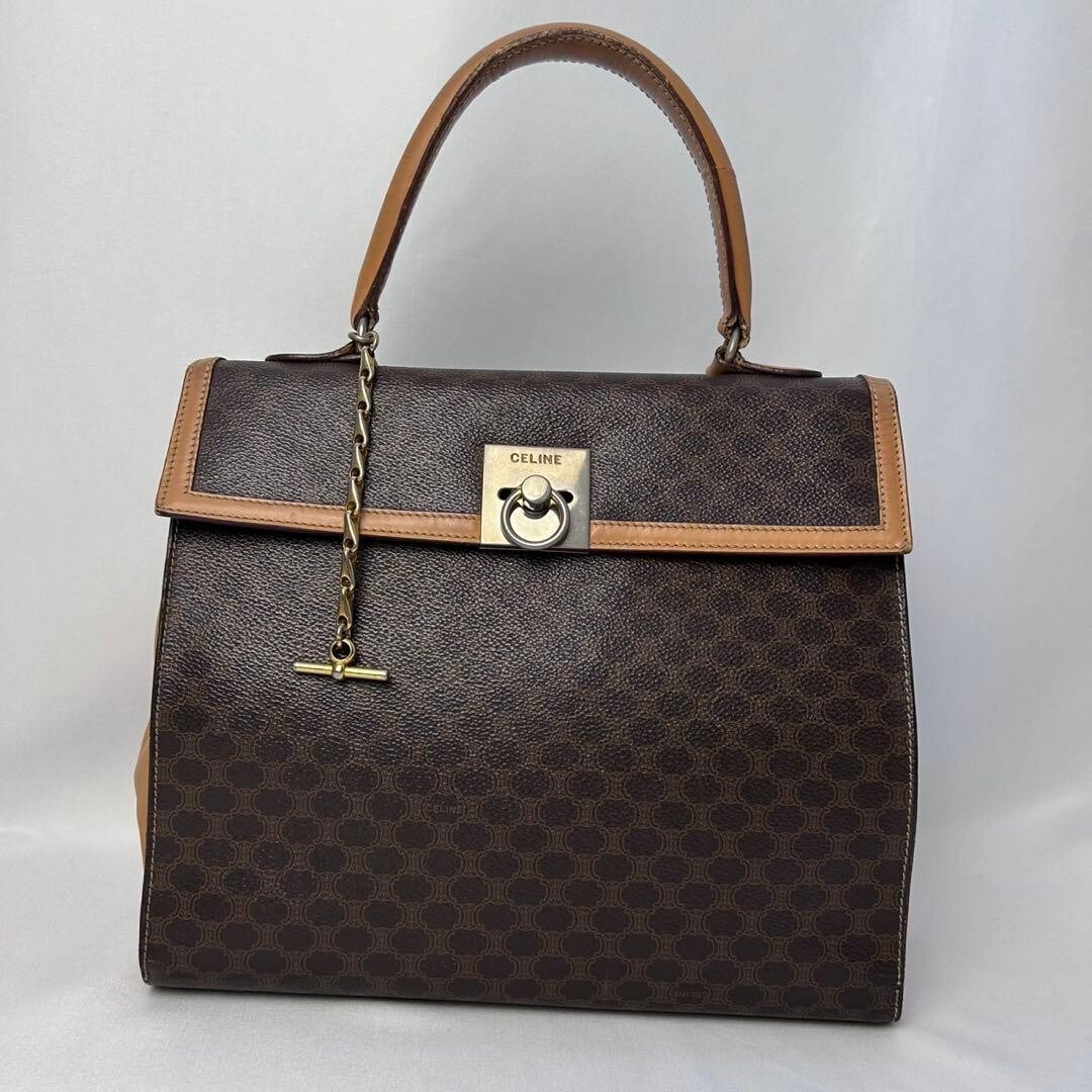CELINE Top Handle Bag Macadam Triomphe Brown Vintage Authentic From Japan
